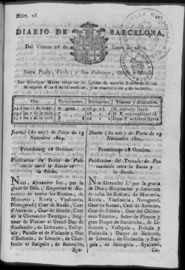 Miniatura de Diario de Barcelona del viernes 26 de enero de 1810