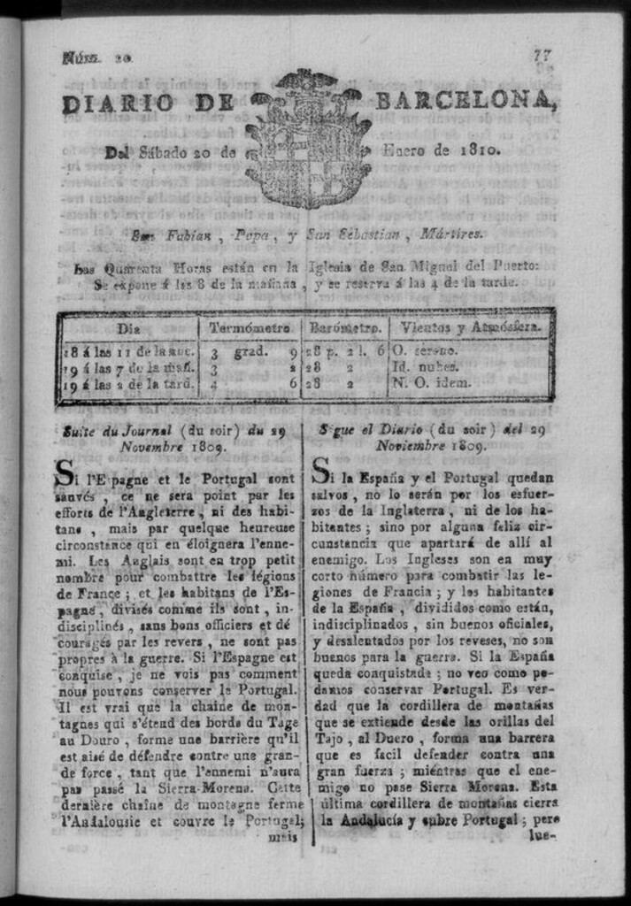 Miniatura de Diario de Barcelona del sábado 20 de enero de 1810
