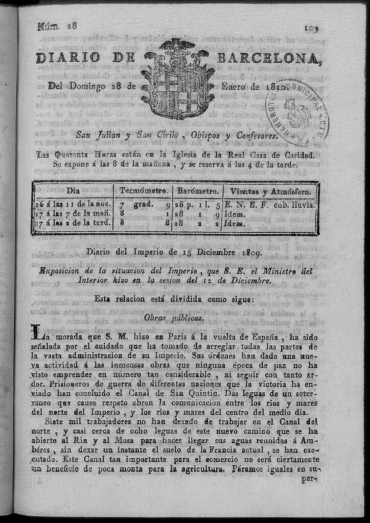 Miniatura de Diario de Barcelona del domingo 28 de enero de 1810