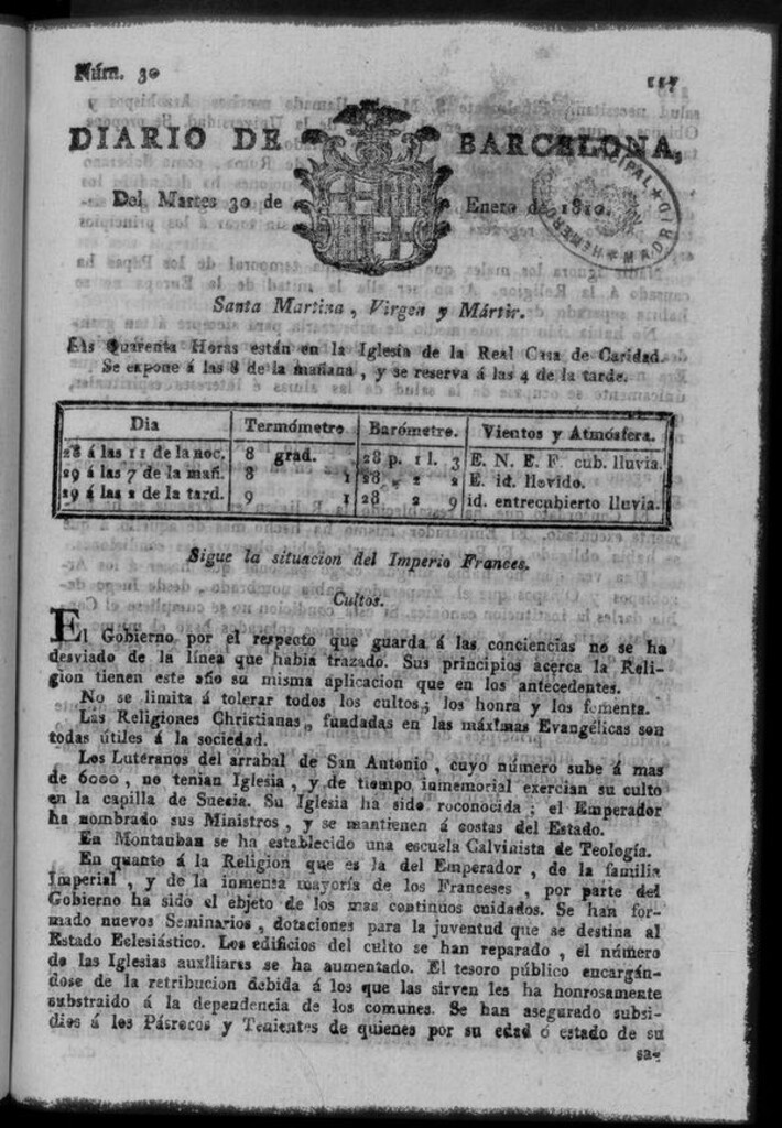 Miniatura de Diario de Barcelona del martes 30 de enero de 1810