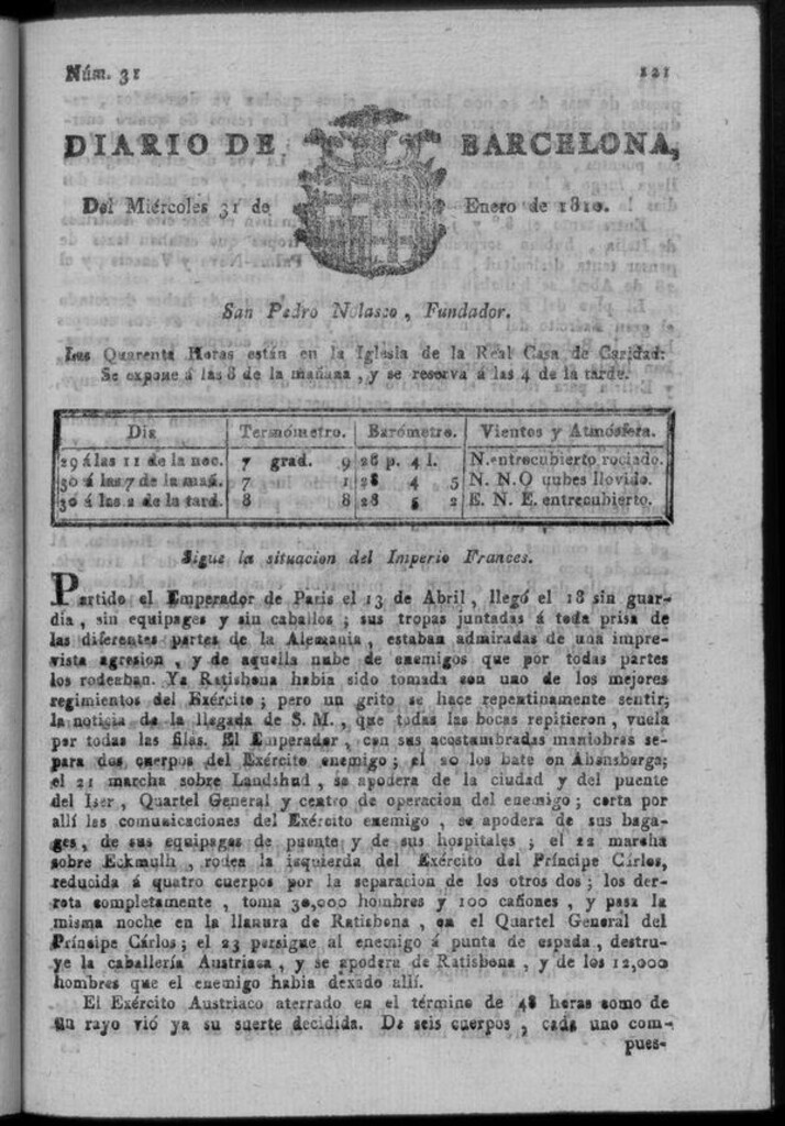 Miniatura de Diario de Barcelona del miércoles 31 de enero de 1810