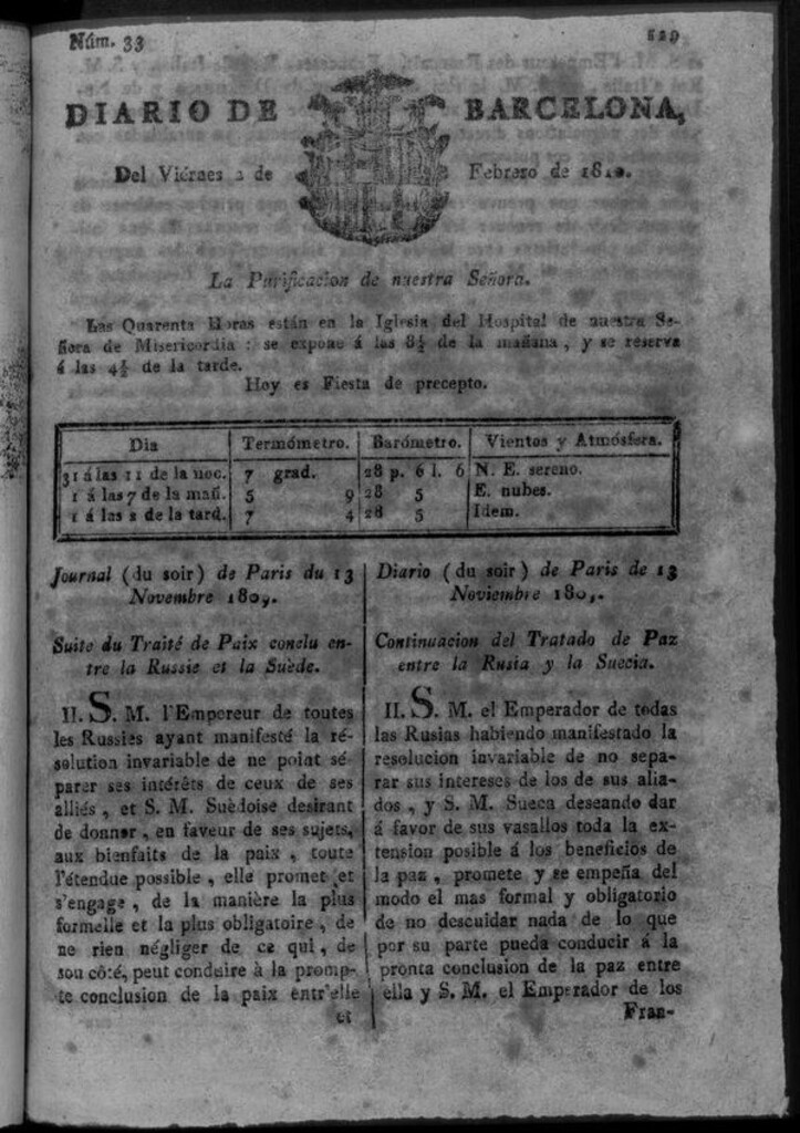 Miniatura de Diario de Barcelona del viernes 2 de febrero de 1810
