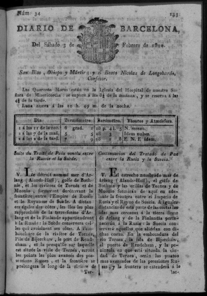 Miniatura de Diario de Barcelona del sábado 3 de febrero de 1810