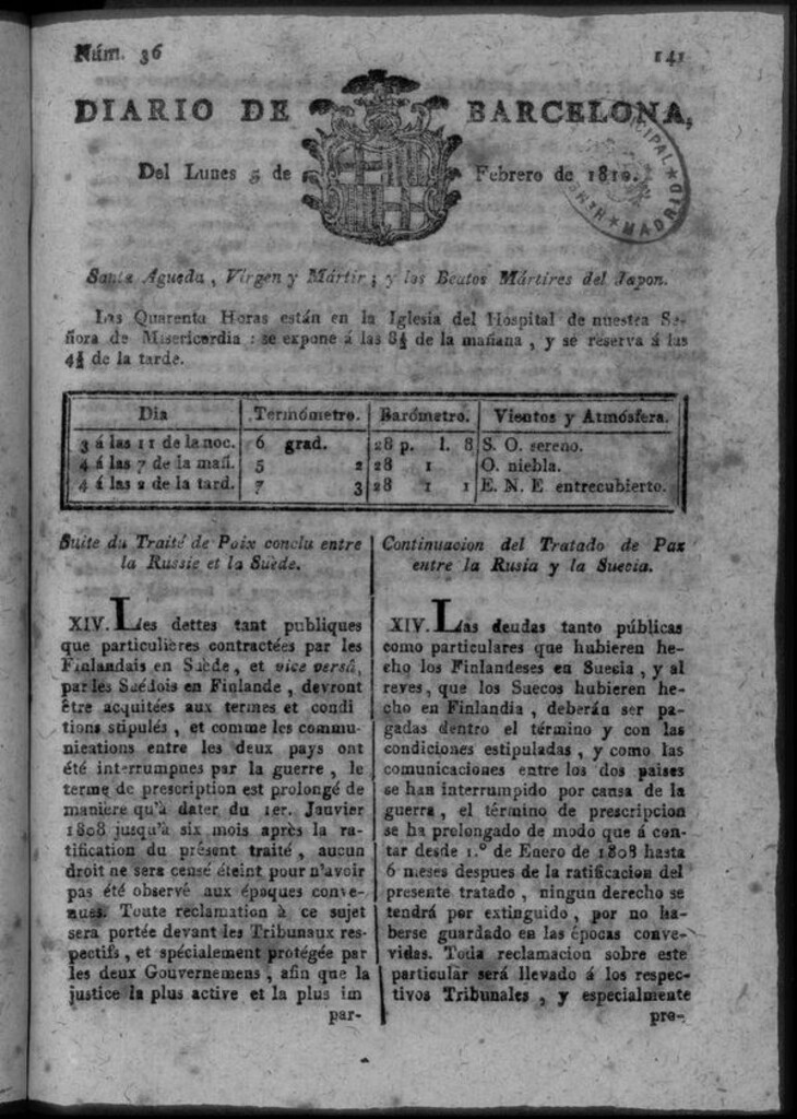 Miniatura de Diario de Barcelona del lunes 5 de febrero de 1810