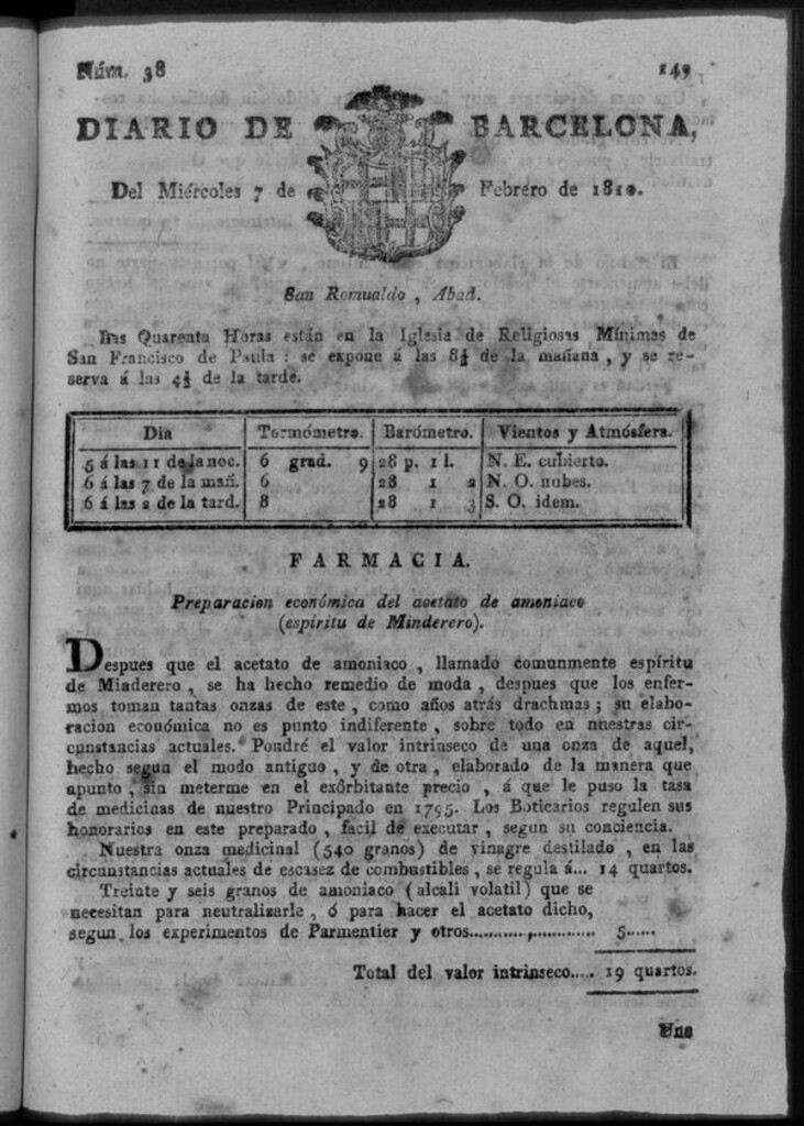 Miniatura de Diario de Barcelona del miércoles 7 de febrero de 1810