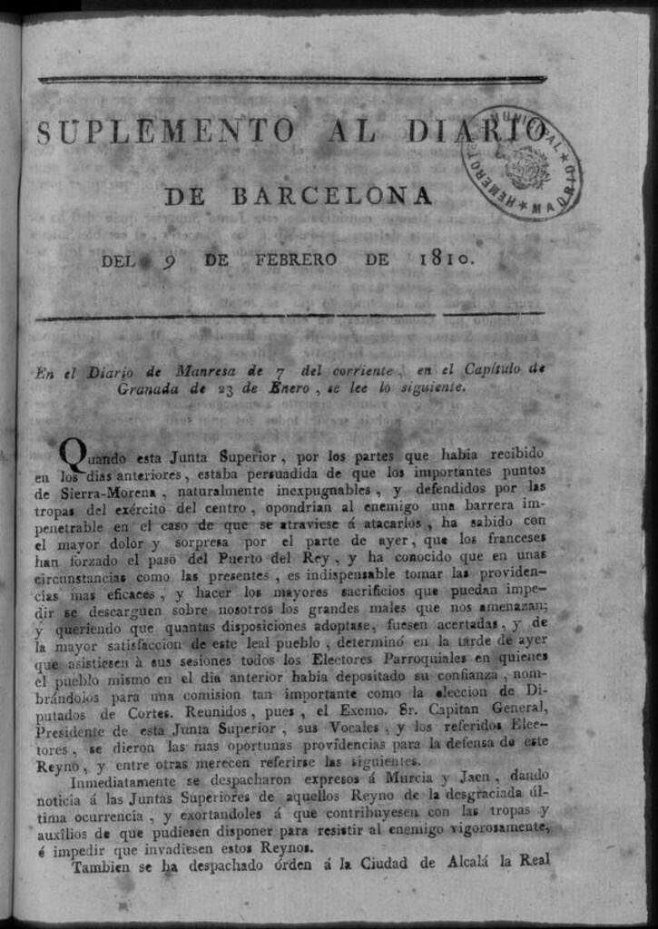 Miniatura de Diario de Barcelona del viernes 9 de febrero de 1810. Suplemento