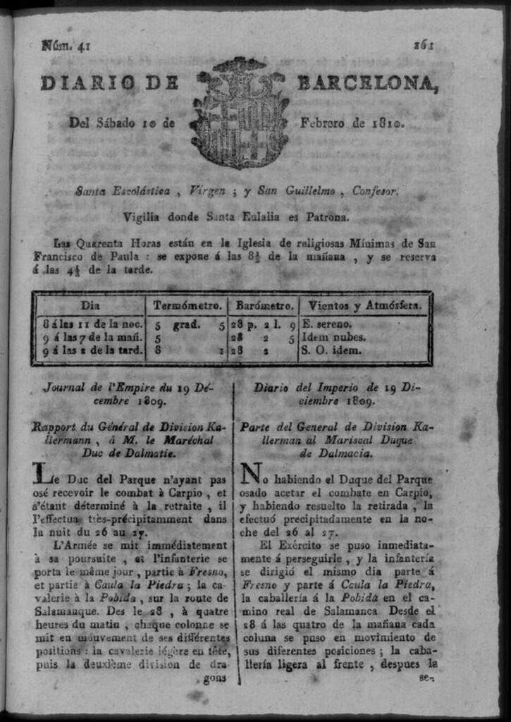 Miniatura de Diario de Barcelona del sábado 10 de febrero de 1810