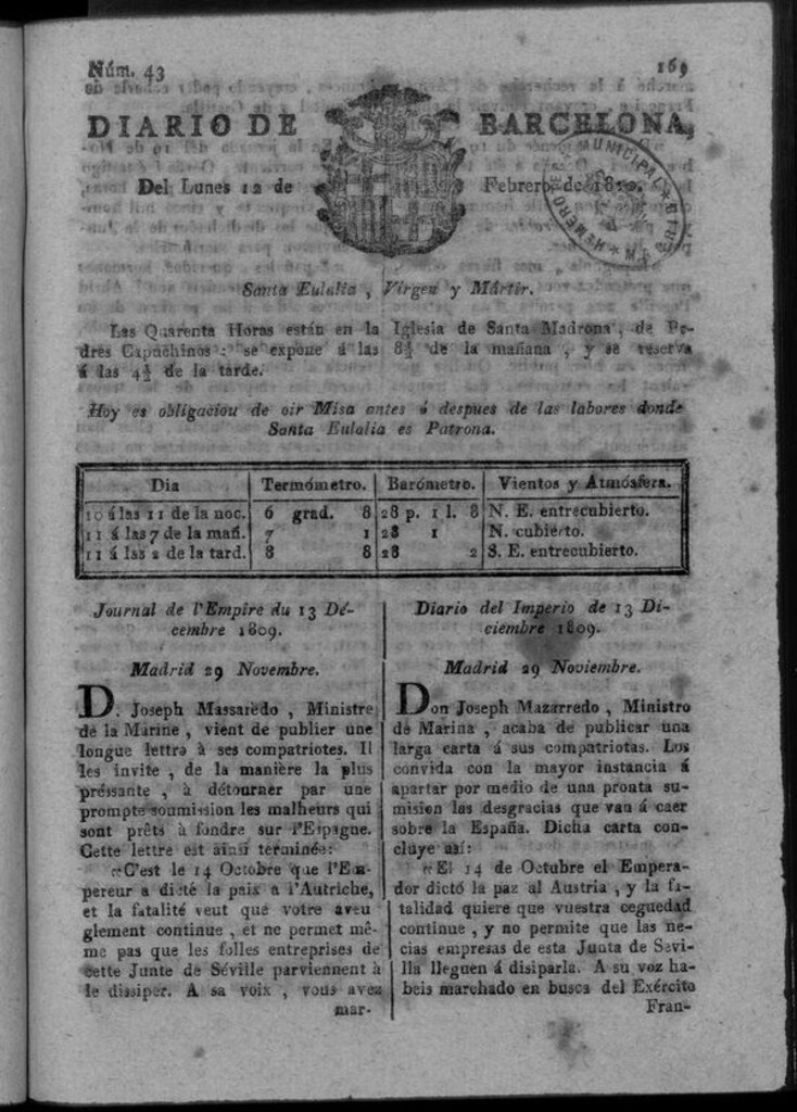 Miniatura de Diario de Barcelona del lunes 12 de febrero de 1810