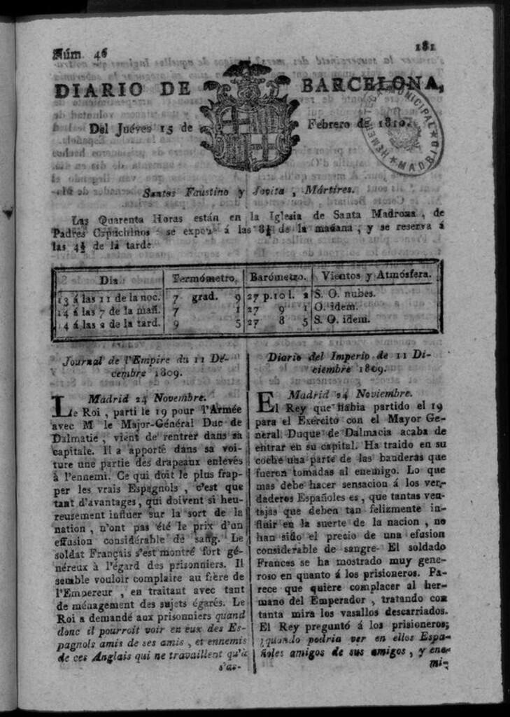 Miniatura de Diario de Barcelona del jueves 15 de febrero de 1810