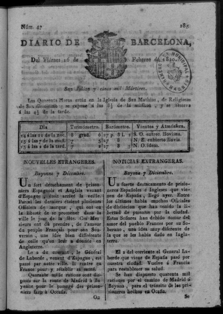 Miniatura de Diario de Barcelona del viernes 16 de febrero de 1810