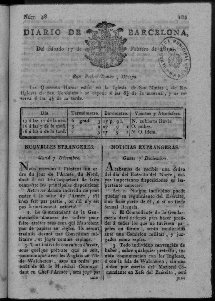 Miniatura de Diario de Barcelona del sábado 17 de febrero de 1810