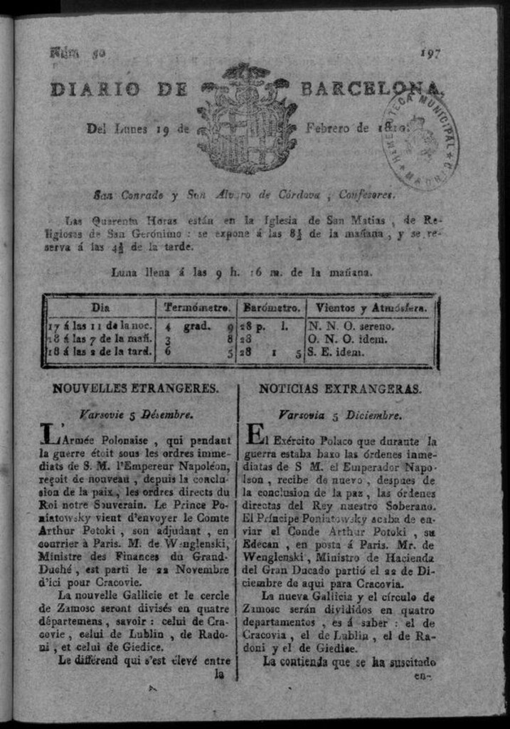 Miniatura de Diario de Barcelona del lunes 19 de febrero de 1810