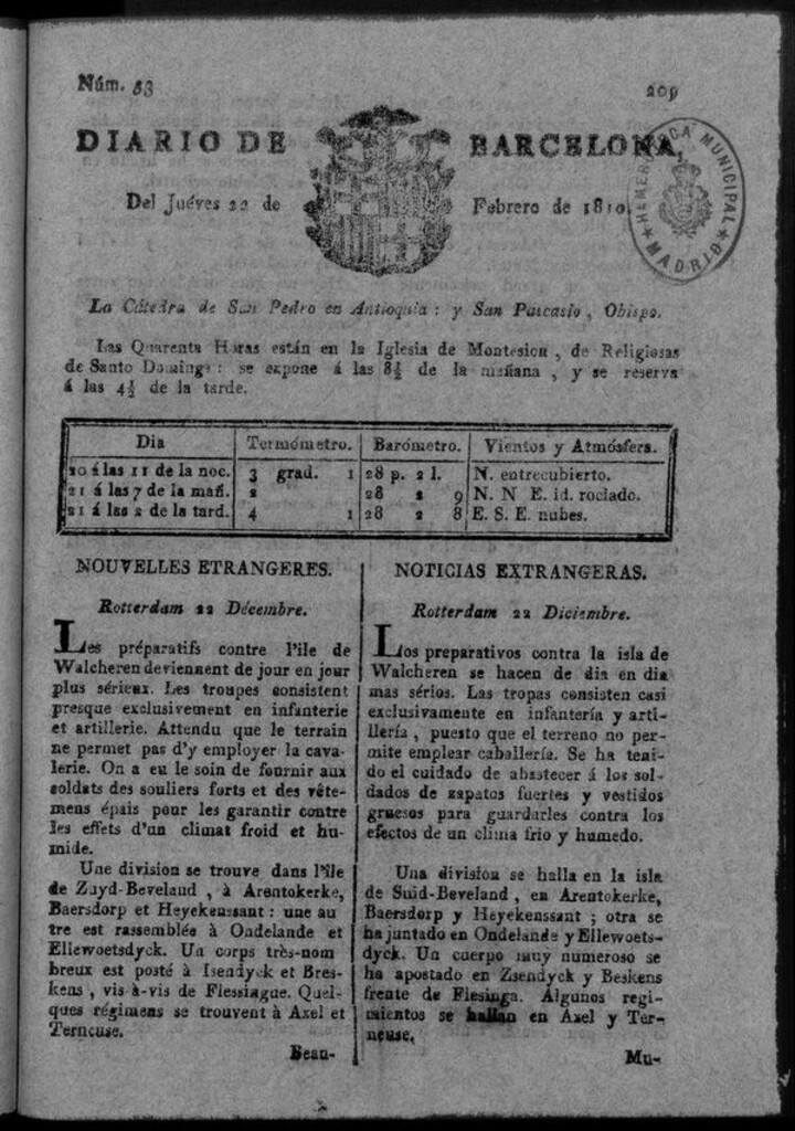 Miniatura de Diario de Barcelona del jueves 22 de febrero de 1810