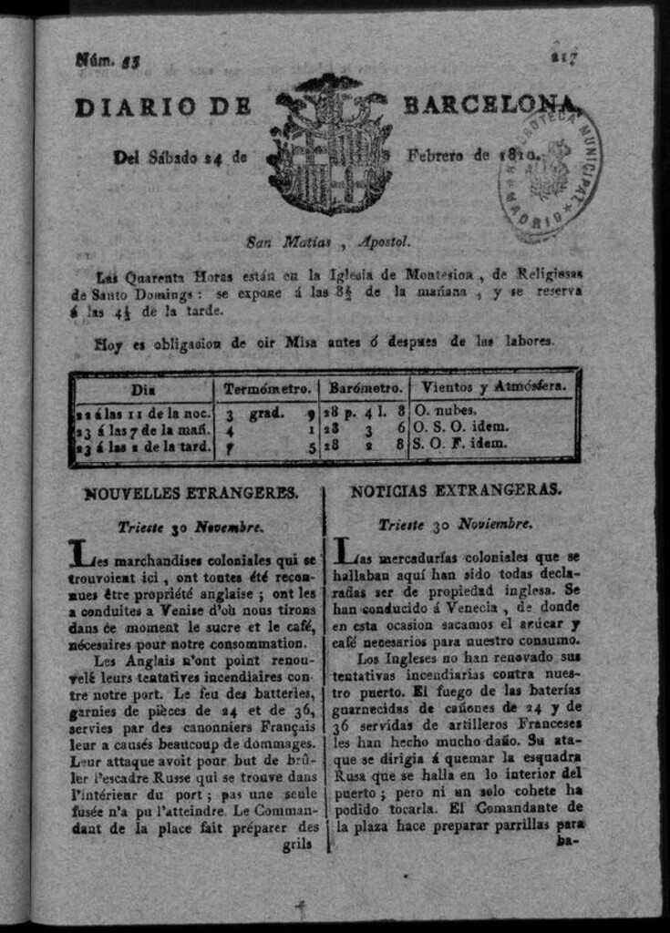 Miniatura de Diario de Barcelona del sábado 24 de febrero de 1810