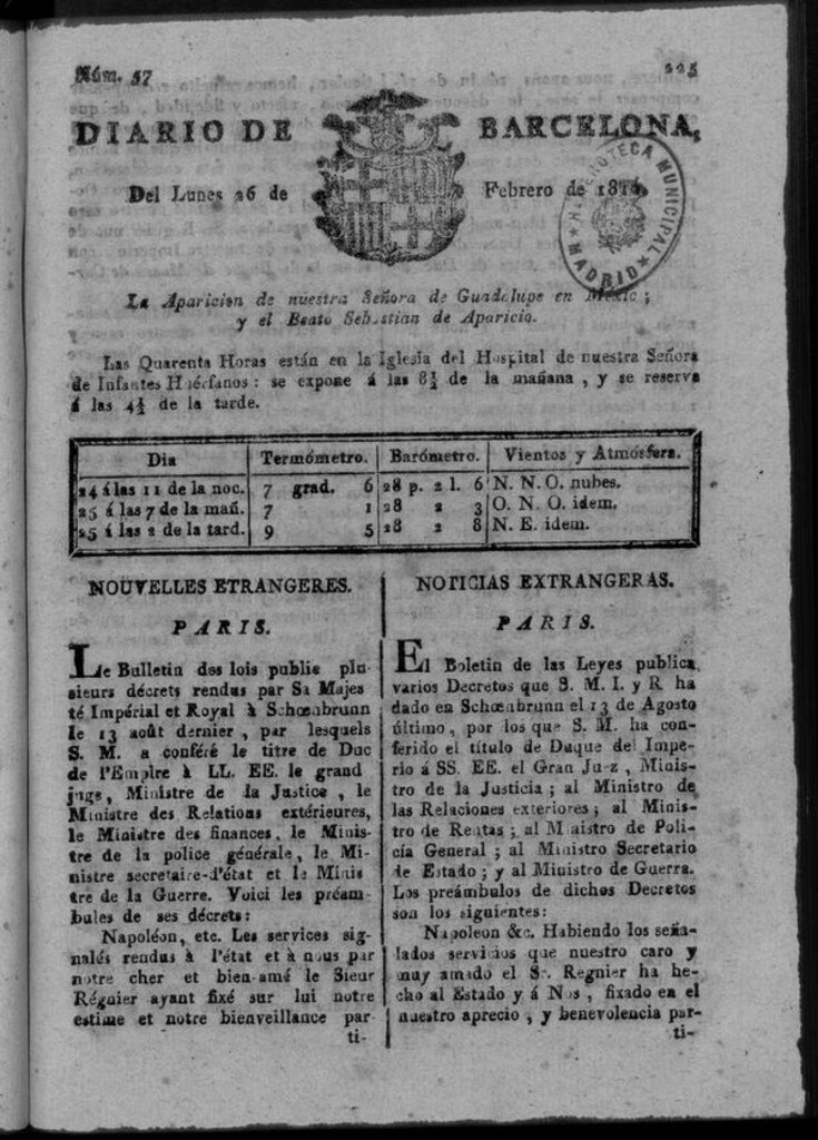 Miniatura de Diario de Barcelona del lunes 26 de febrero de 1810