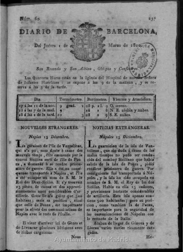 Miniatura de Diario de Barcelona del jueves 1 de marzo de 1810