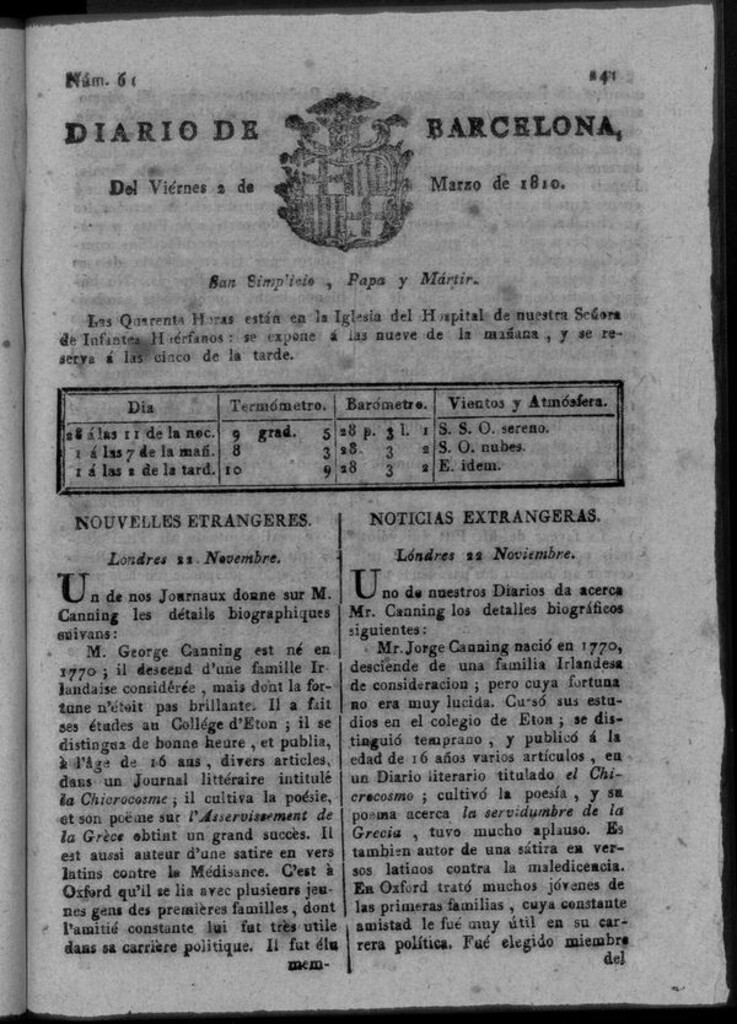 Miniatura de Diario de Barcelona del viernes 2 de marzo de 1810