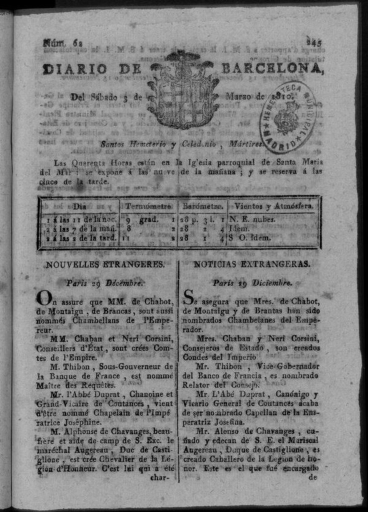 Miniatura de Diario de Barcelona del sábado 3 de marzo de 1810