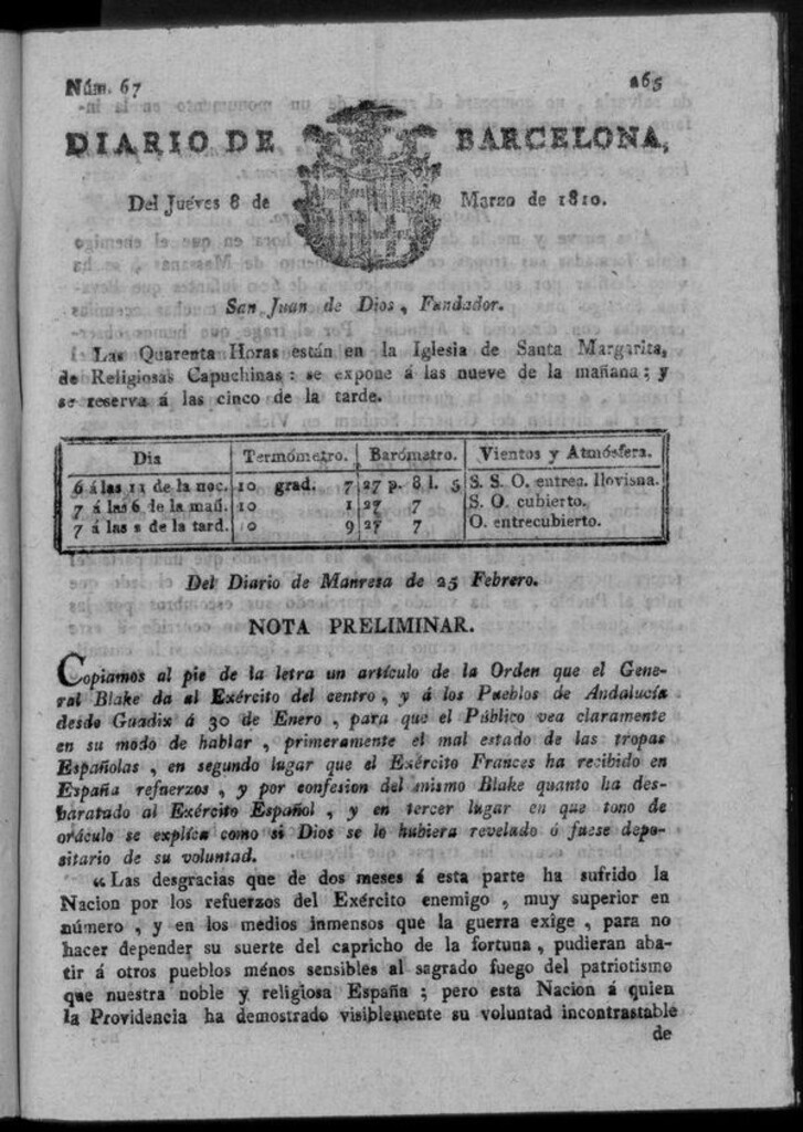 Miniatura de Diario de Barcelona del jueves 8 de marzo de 1810