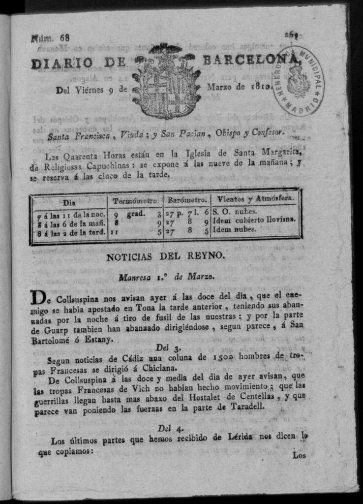 Miniatura de Diario de Barcelona del viernes 9 de marzo de 1810