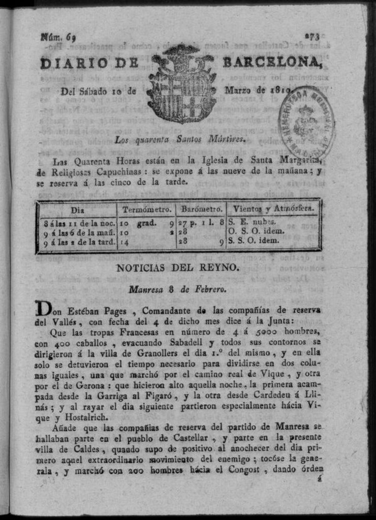 Miniatura de Diario de Barcelona del sábado 10 de marzo de 1810