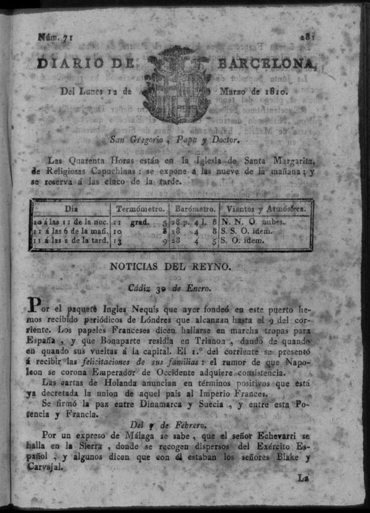 Miniatura de Diario de Barcelona del lunes 12 de marzo de 1810