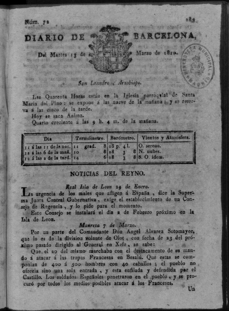 Miniatura de Diario de Barcelona del martes 13 de marzo de 1810