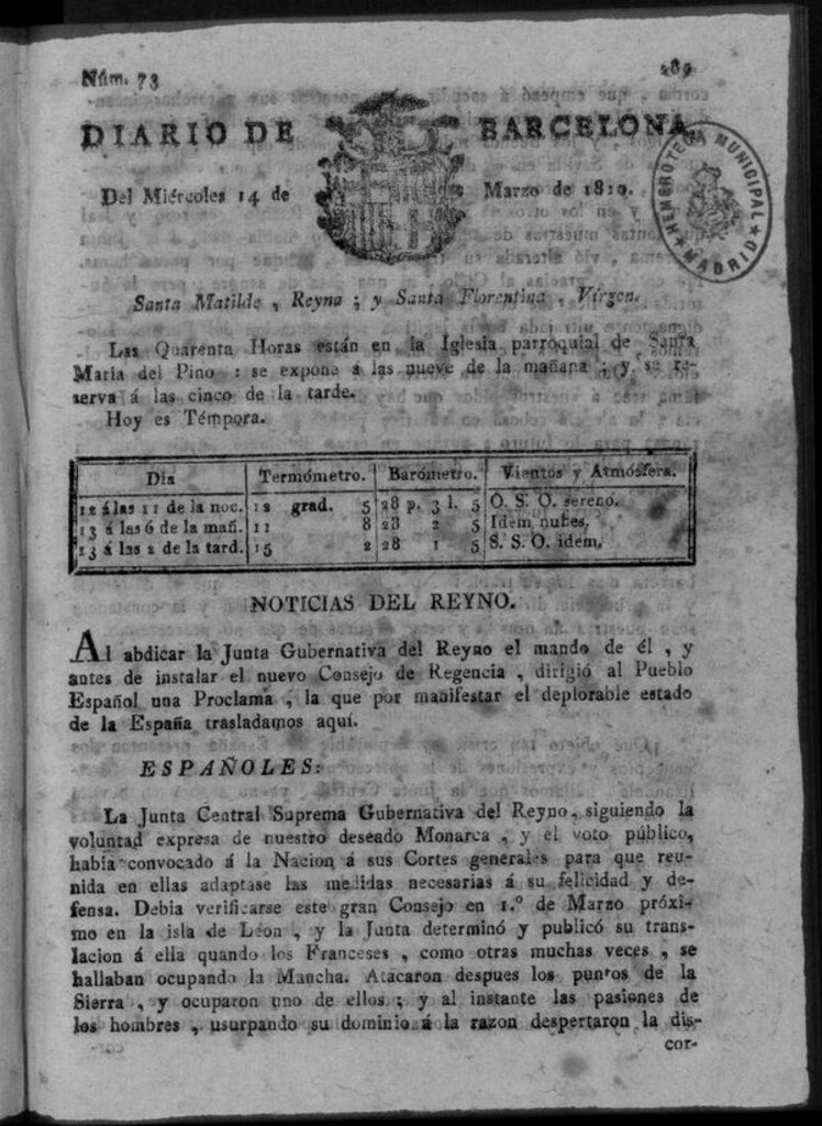 Miniatura de Diario de Barcelona del miércoles 14 de marzo de 1810