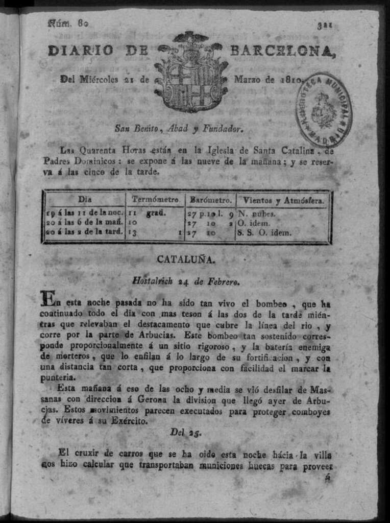 Miniatura de Diario de Barcelona del miércoles 21 de marzo de 1810