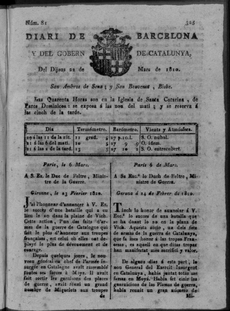 Miniatura de Diario de Barcelona del jueves 22 de marzo de 1810