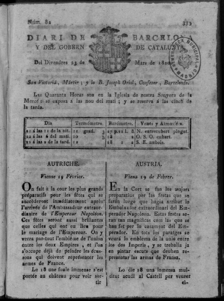 Miniatura de Diario de Barcelona del viernes 23 de marzo de 1810