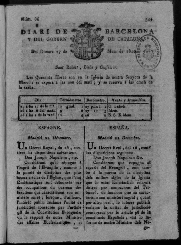 Miniatura de Diario de Barcelona del martes 27 de marzo de 1810