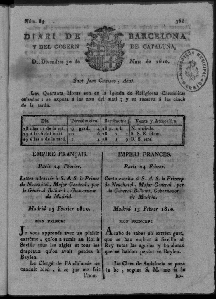 Miniatura de Diario de Barcelona del viernes 30 de marzo de 1810
