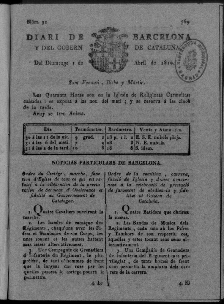 Miniatura de Diario de Barcelona del domingo 1 de Abril de 1810