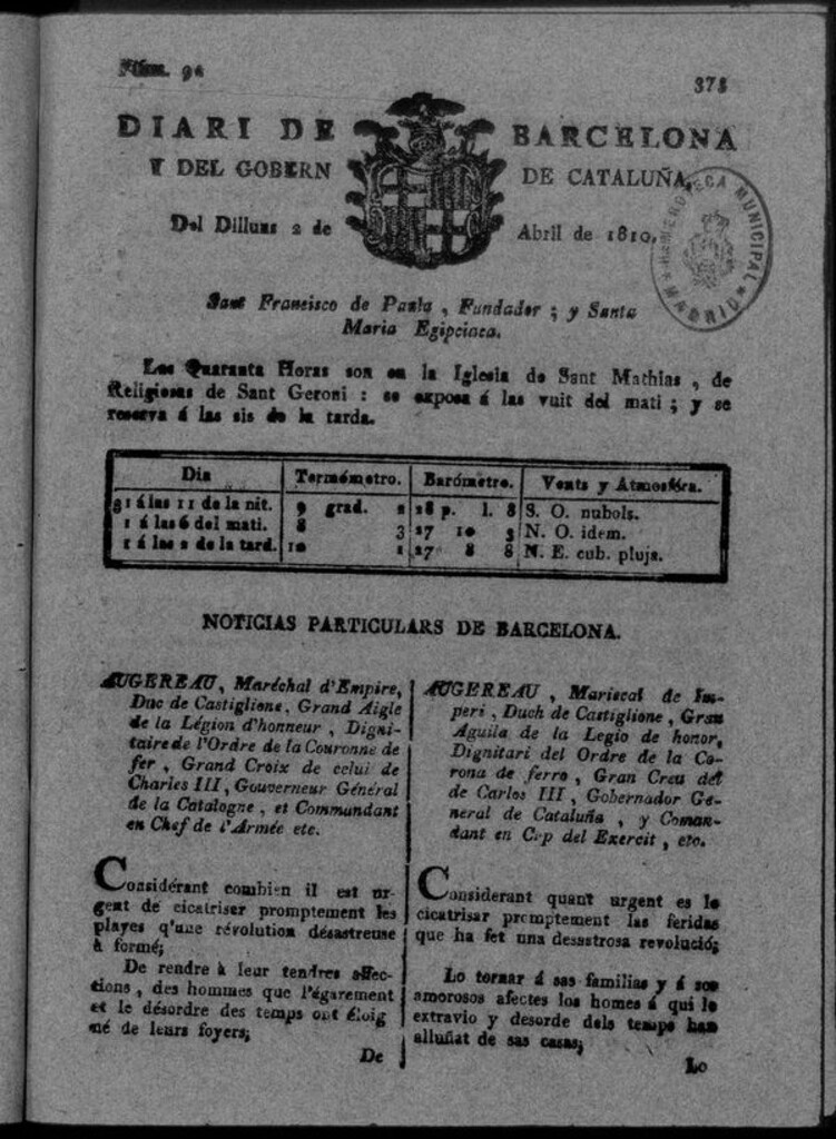 Miniatura de Diario de Barcelona del lunes 2 de Abril de 1810
