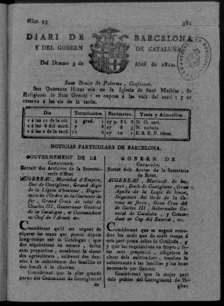 Miniatura de Diario de Barcelona del martes 3 de Abril de 1810