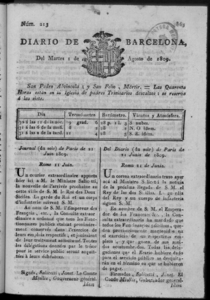 Miniatura de Diario de Barcelona del martes 1 de agosto de 1809