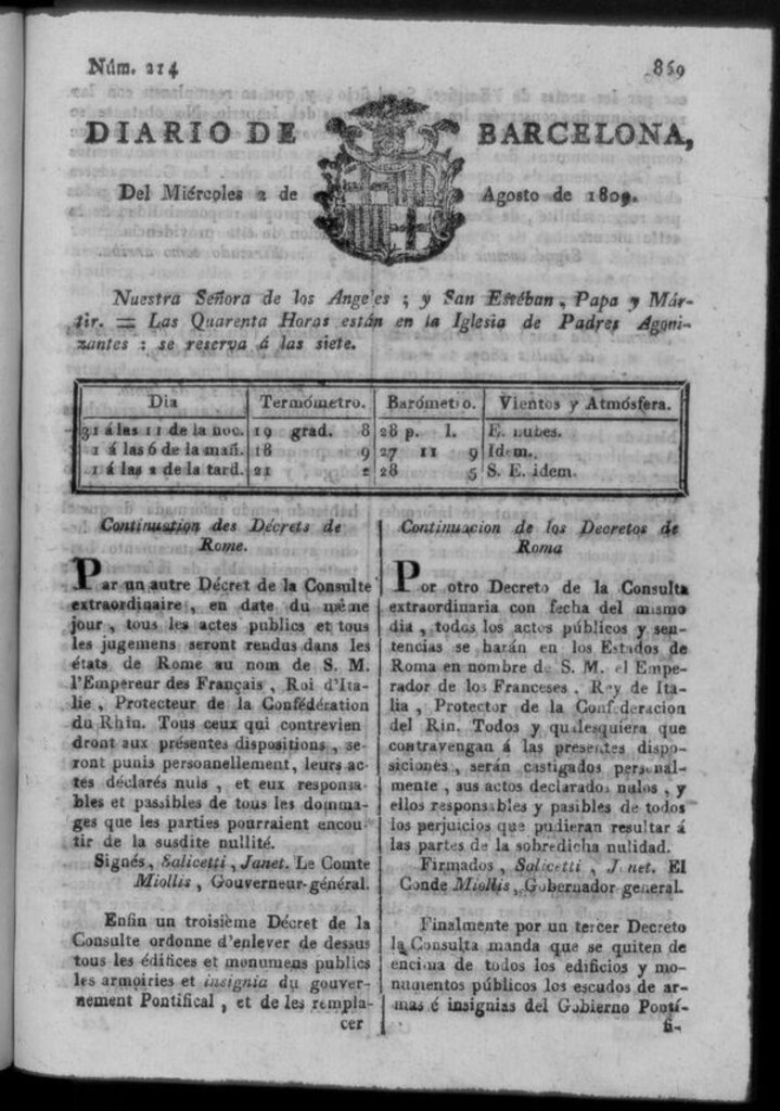 Miniatura de Diario de Barcelona del miércoles 2 de agosto de 1809