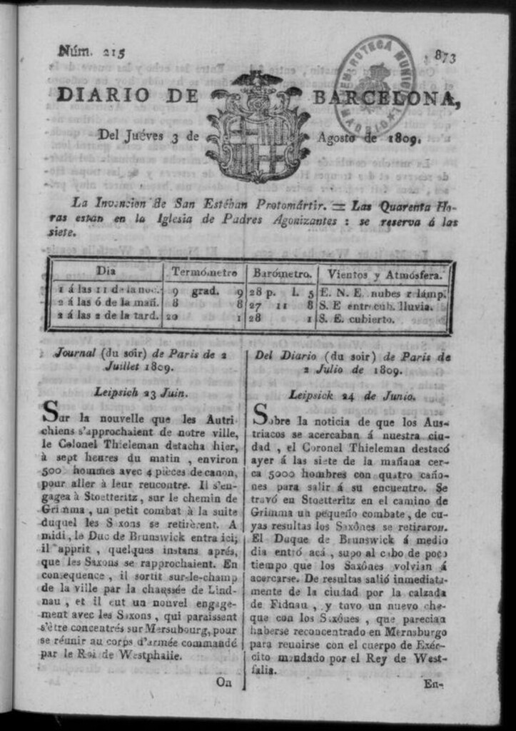 Miniatura de Diario de Barcelona del jueves 3 de agosto de 1809