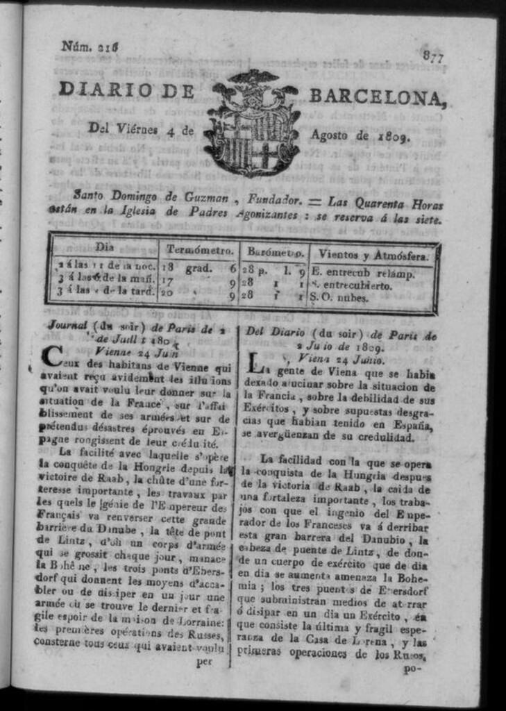 Miniatura de Diario de Barcelona del viernes 4 de agosto de 1809