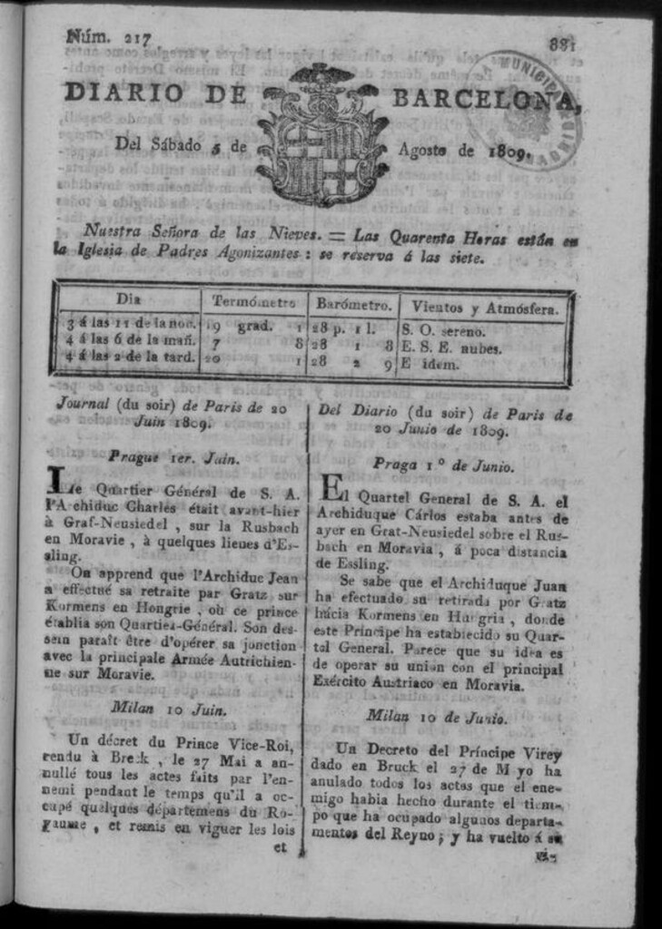 Miniatura de Diario de Barcelona del sábado 5 de agosto de 1809
