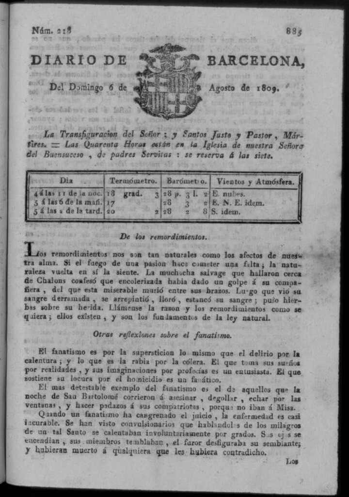 Miniatura de Diario de Barcelona del domingo 6 de agosto de 1809