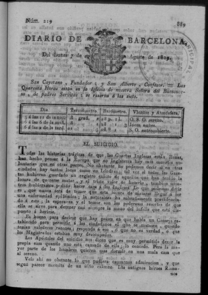 Miniatura de Diario de Barcelona del lunes 7 de agosto de 1809