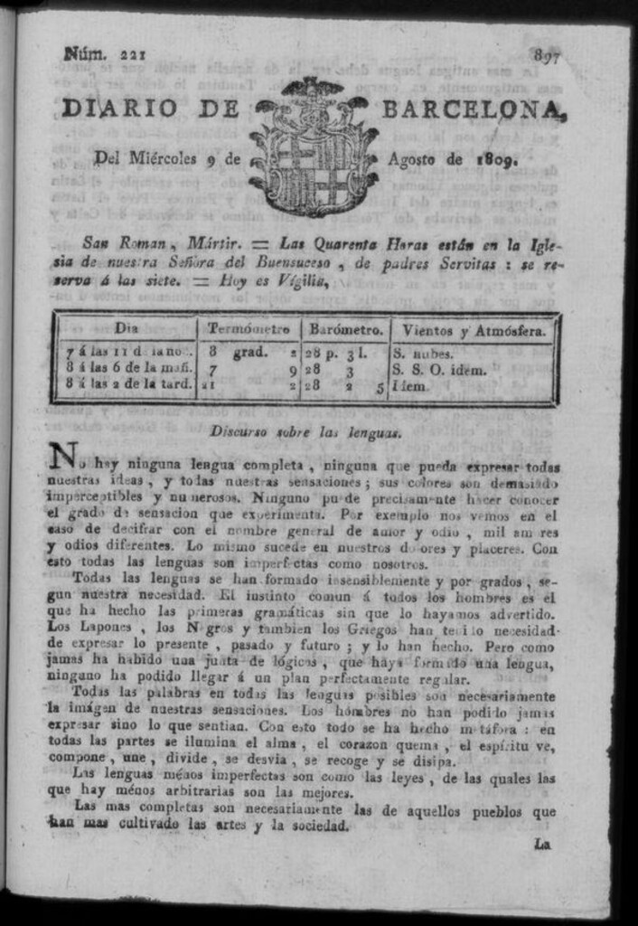 Miniatura de Diario de Barcelona del miércoles 9 de agosto de 1809