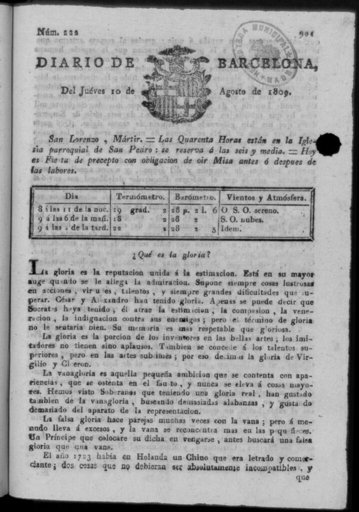 Miniatura de Diario de Barcelona del jueves 10 de agosto de 1809