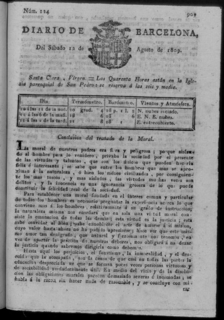 Miniatura de Diario de Barcelona del sábado 12 de agosto de 1809