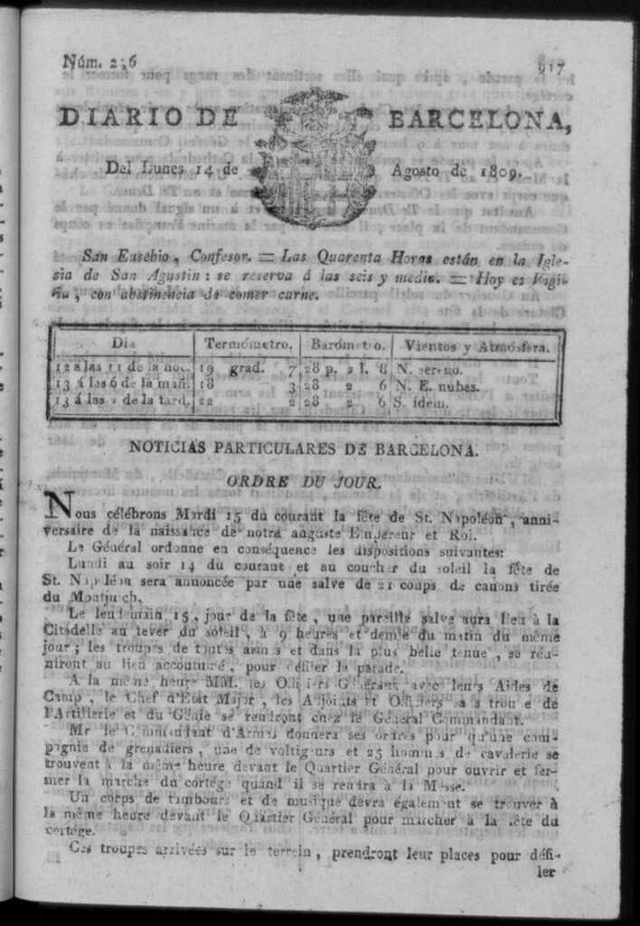 Miniatura de Diario de Barcelona del lunes 14 de agosto de 1809