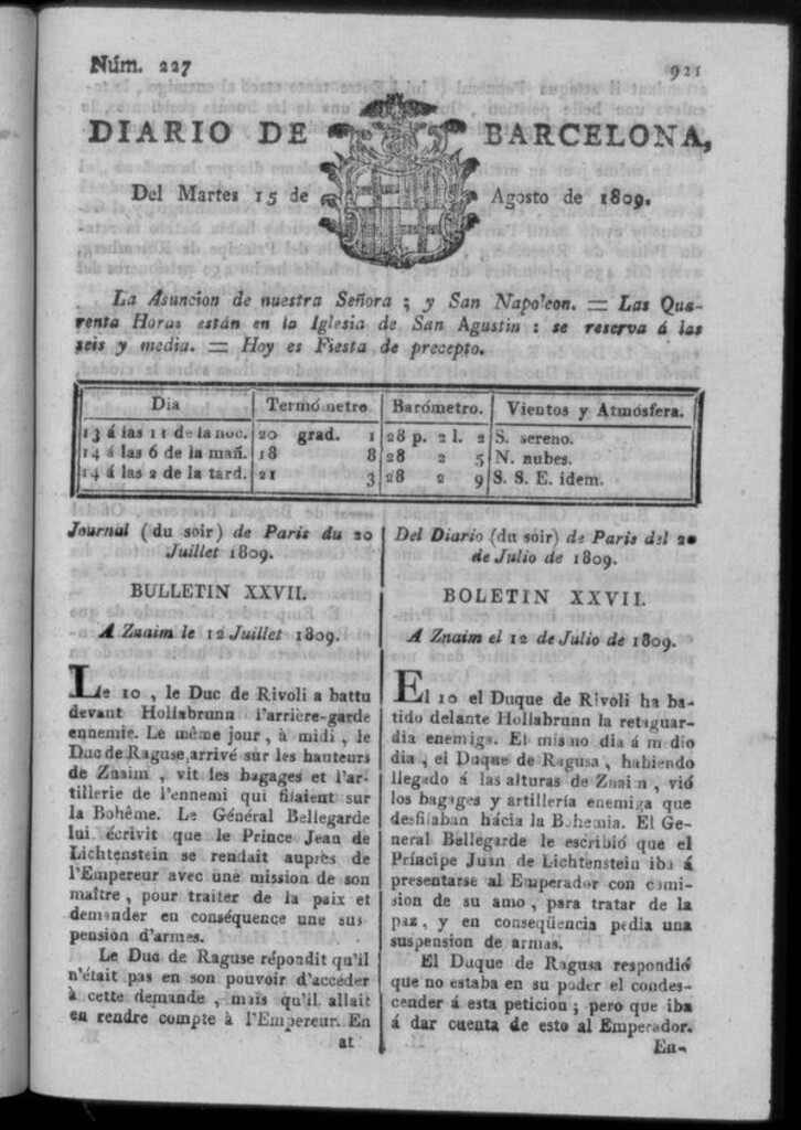 Miniatura de Diario de Barcelona del martes 15 de agosto de 1809