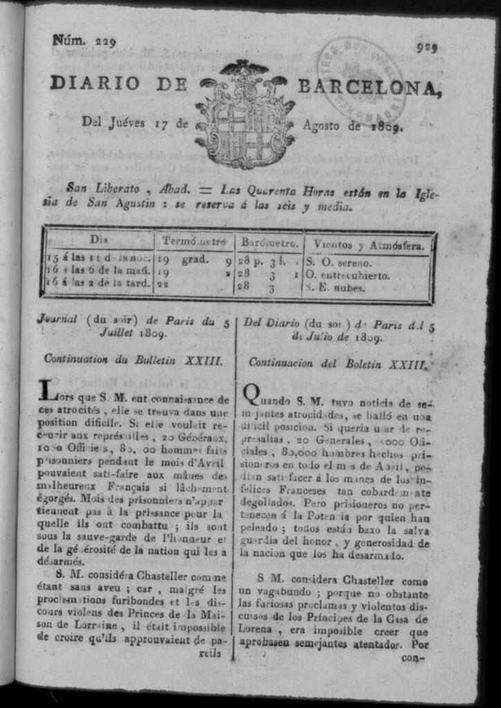 Miniatura de Diario de Barcelona del jueves 17 de agosto de 1809