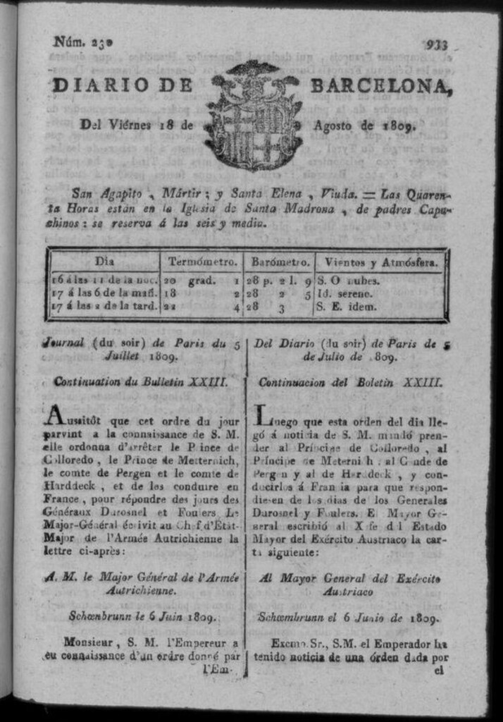 Miniatura de Diario de Barcelona del viernes 18 de agosto de 1809